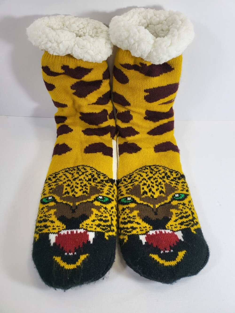 Leopard Face Fleece‑Lined Slipper‎ Socks – Animal Print, Non‑Slip Soles